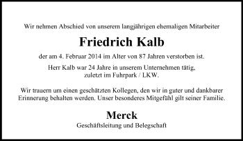 Traueranzeige von Friedrich Kalb von Echo-Zeitungen (Gesamtausgabe)