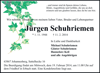 Traueranzeige von Jürgen Schuhriemen von Odenwälder Echo