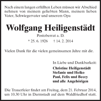 Traueranzeige von Wolfgang Heiligenstädt von Echo-Zeitungen (Gesamtausgabe)