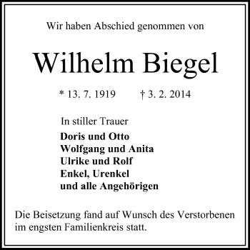 Traueranzeige von Wilhelm Biegel von Odenwälder Echo