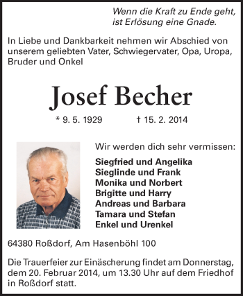 Traueranzeige von Josef Becher von Echo-Zeitungen (Gesamtausgabe)