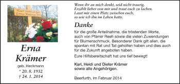 Traueranzeige von Erna Krämer von Odenwälder Echo