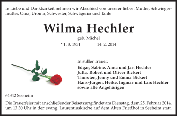 Traueranzeige von Wilma Hechler von Echo-Zeitungen (Gesamtausgabe)