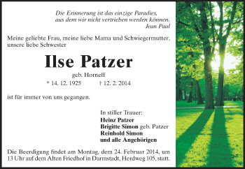 Traueranzeige von Ilse Patzer von Echo-Zeitungen (Gesamtausgabe)