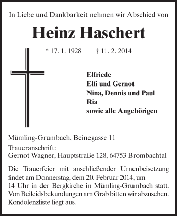 Traueranzeige von Heinz Haschert von Odenwälder Echo
