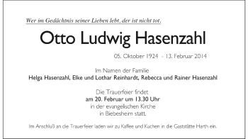 Traueranzeige von Otto Ludwig Hasenzahl von Rüsselsheimer Echo, Groß-Gerauer-Echo, Ried Echo