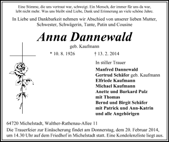 Traueranzeige von Anna Dannewald von Odenwälder Echo