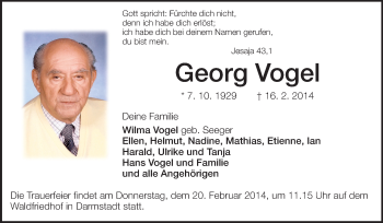 Traueranzeige von Georg Vogel von Echo-Zeitungen (Gesamtausgabe)