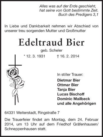 Traueranzeige von Edeltraud Bier von Echo-Zeitungen (Gesamtausgabe)