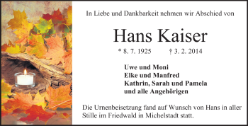 Traueranzeige von Hans Kaiser von Odenwälder Echo