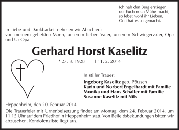 Traueranzeige von Gerhard Horst Kaselitz von Starkenburger Echo