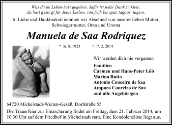 Traueranzeige von Manuela de Saa Rodriquez von Odenwälder Echo