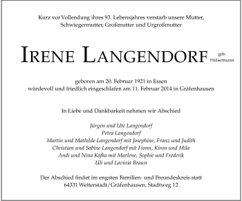 Traueranzeige von Irene Langendorf von Echo-Zeitungen (Gesamtausgabe)