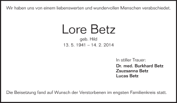 Traueranzeige von Lore Betz von Echo-Zeitungen (Gesamtausgabe)