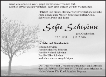 Traueranzeige von Sofie Schwinn von Odenwälder Echo