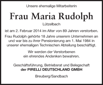 Traueranzeige von Maria Rudolph von Odenwälder Echo