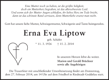 Traueranzeige von Erna Eva Liptow von Echo-Zeitungen (Gesamtausgabe)