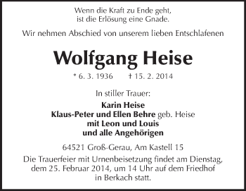 Traueranzeige von Wolfgang Heise von Rüsselsheimer Echo, Groß-Gerauer-Echo, Ried Echo