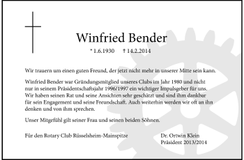 Traueranzeige von Winfried Bender von Rüsselsheimer Echo, Groß-Gerauer-Echo, Ried Echo