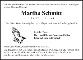 Traueranzeige von Martha Schmitt von Rüsselsheimer Echo, Groß-Gerauer-Echo, Ried Echo