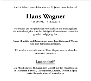 Traueranzeige von Hans Wagner von Echo-Zeitungen (Gesamtausgabe)