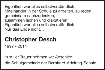 Traueranzeige von Christopher Desch von Echo-Zeitungen (Gesamtausgabe)