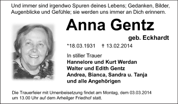 Traueranzeige von Anna Gentz von Echo-Zeitungen (Gesamtausgabe)