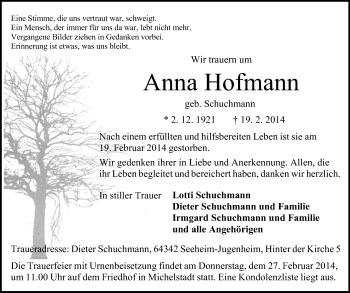 Traueranzeige von Anna Hofmann von Odenwälder Echo