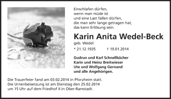 Traueranzeige von Karin Anita Wedel-Beck von Echo-Zeitungen (Gesamtausgabe)