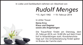 Traueranzeige von Rudolf Menges von Odenwälder Echo