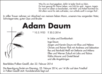Traueranzeige von Adam Daum von Odenwälder Echo
