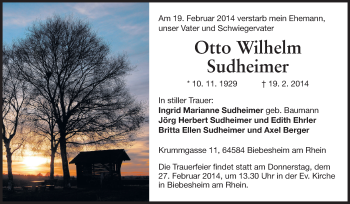 Traueranzeige von Otto Wilhelm Sudheimer von Rüsselsheimer Echo, Groß-Gerauer-Echo, Ried Echo