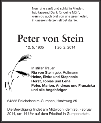 Traueranzeige von Peter von Stein von Echo-Zeitungen (Gesamtausgabe)