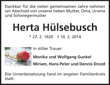 Traueranzeige von Herta Hülsebusch von Rüsselsheimer Echo, Groß-Gerauer-Echo, Ried Echo