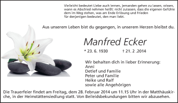 Traueranzeige von Manfred Eckert von Echo-Zeitungen (Gesamtausgabe)