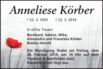 Traueranzeige von Anneliese Körber von Odenwälder Echo