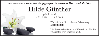 Traueranzeige von Hilde Günther von Rüsselsheimer Echo, Groß-Gerauer-Echo, Ried Echo