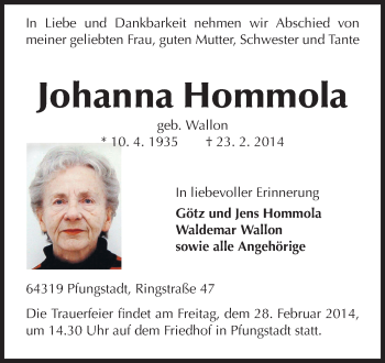 Traueranzeige von Johanna Hommola von Echo-Zeitungen (Gesamtausgabe)
