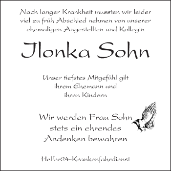 Traueranzeige von Ilonka Sohn von Rüsselsheimer Echo, Groß-Gerauer-Echo, Ried Echo
