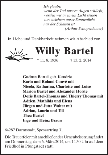 Traueranzeige von Willy Bartel von Echo-Zeitungen (Gesamtausgabe)