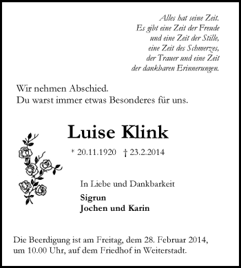 Traueranzeige von Luise Klink von Echo-Zeitungen (Gesamtausgabe)