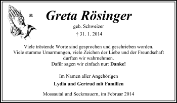 Traueranzeige von Greta Rösinger von Odenwälder Echo