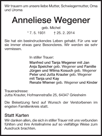 Traueranzeige von Anneliese Wegener von Echo-Zeitungen (Gesamtausgabe)