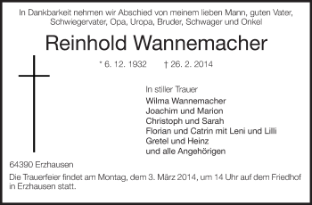 Traueranzeige von Reinhold Wannemacher von Echo-Zeitungen (Gesamtausgabe)