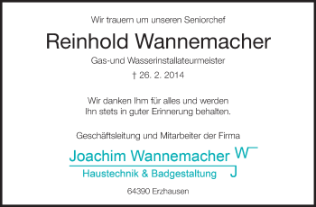 Traueranzeige von Reinhold Wannemacher von Echo-Zeitungen (Gesamtausgabe)
