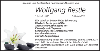 Traueranzeige von Wolfgang Restle von Echo-Zeitungen (Gesamtausgabe)