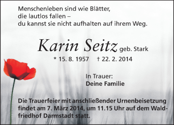 Traueranzeige von Karin Seitz von Darmstädter Echo, Odenwälder Echo, Rüsselsheimer Echo, Groß-Gerauer-Echo, Ried Echo