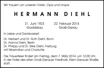 Traueranzeige von Hermann Diehl von Rüsselsheimer Echo, Groß-Gerauer-Echo, Ried Echo