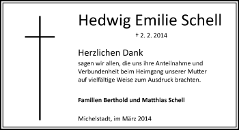 Traueranzeige von Hedwig Emilie Schell von Odenwälder Echo