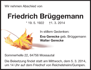 Traueranzeige von Friedrich Brüggemann von Odenwälder Echo
